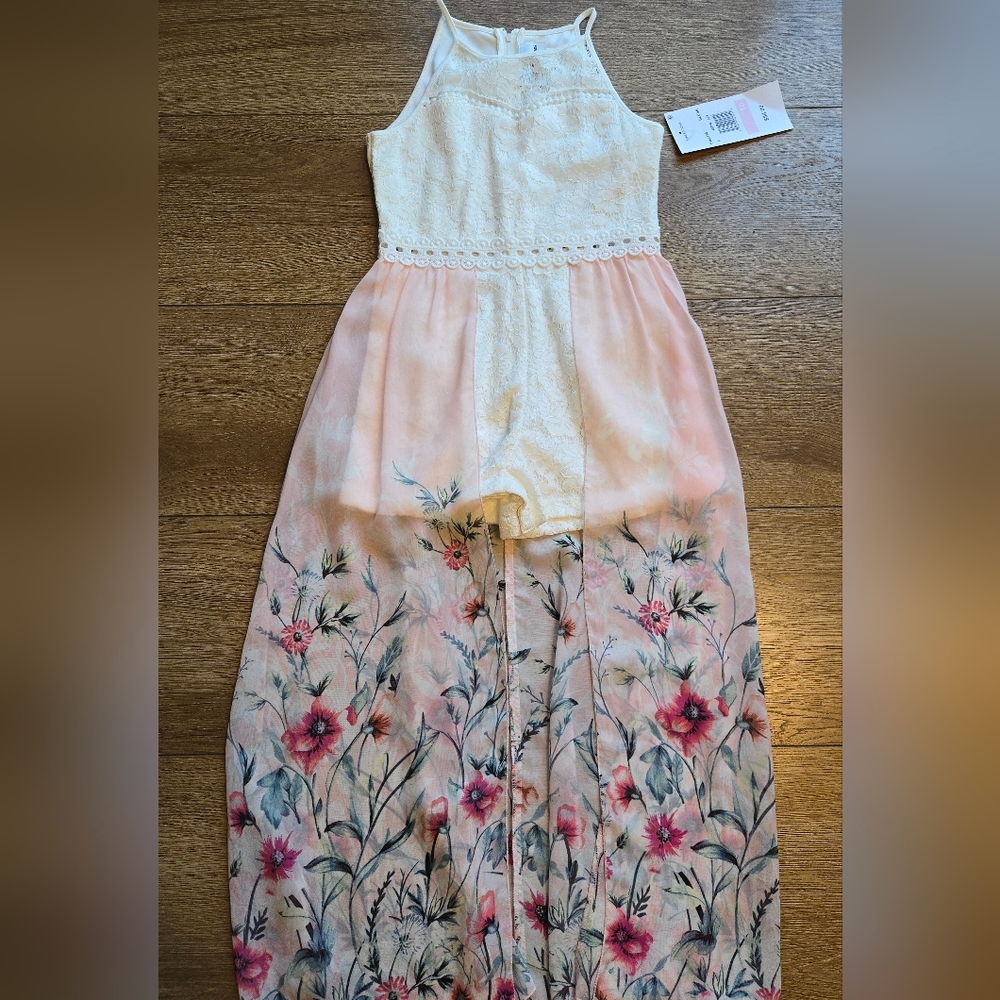 ​NWT Rare Editions Girls Floral Romper Maxi Dress Lace Top Blush 10